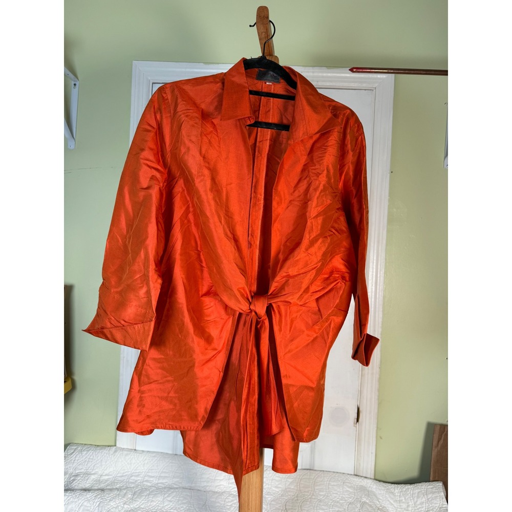 Zina Beverly Hills 100% Thai Silk Orange Tie Front Wrap Blouse Top Sz 1